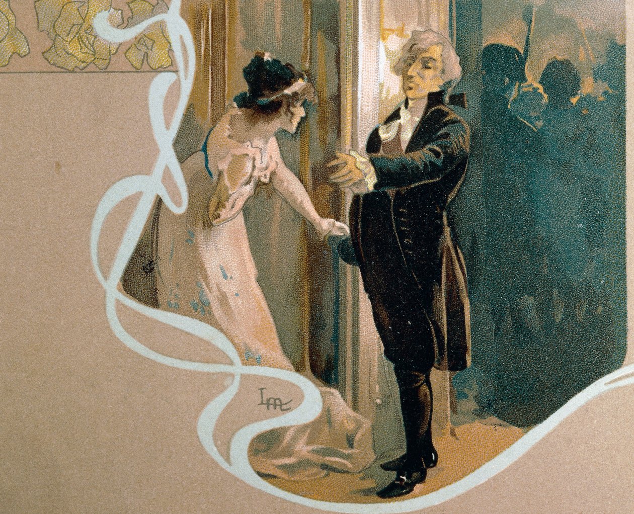 Illustreret postkort af Leopoldo Metlicovitz (1868-1944) skildrer scene fra Tosca, opera af Giacomo Puccini (1858-1924) af Leopoldo Metlicovitz