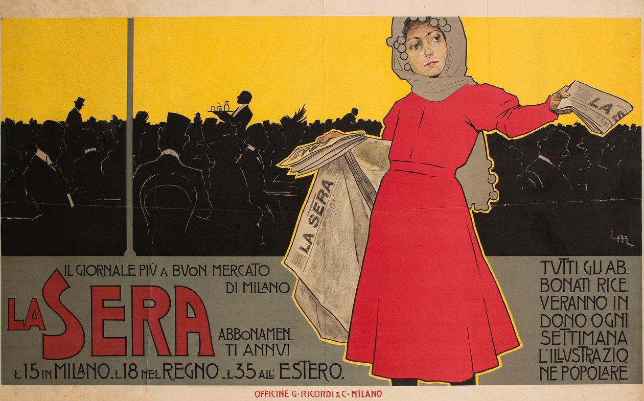 Aftenen. Den billigste avis i Milano, 1892. af Leopoldo Metlicovitz
