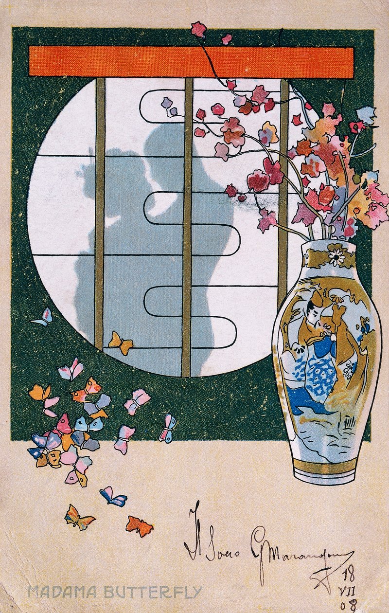Postkort skabt til premieren på "Madame Butterfly", i Brescia af Leopoldo Metlicovitz