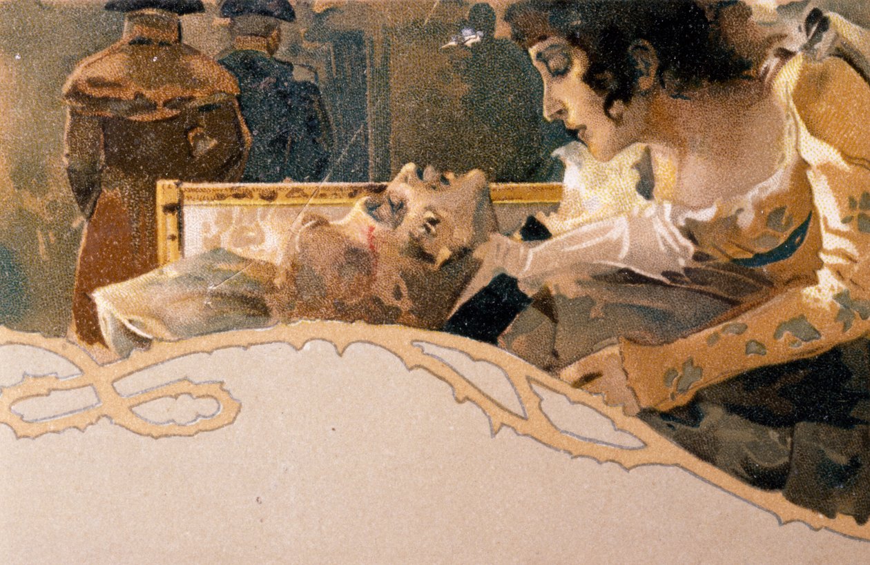 Postkort illustreret af Leopoldo Metlicovitz (1868-1944) med scener fra Tosca, opera af Giacomo Puccini (1858-1924) af Leopoldo Metlicovitz