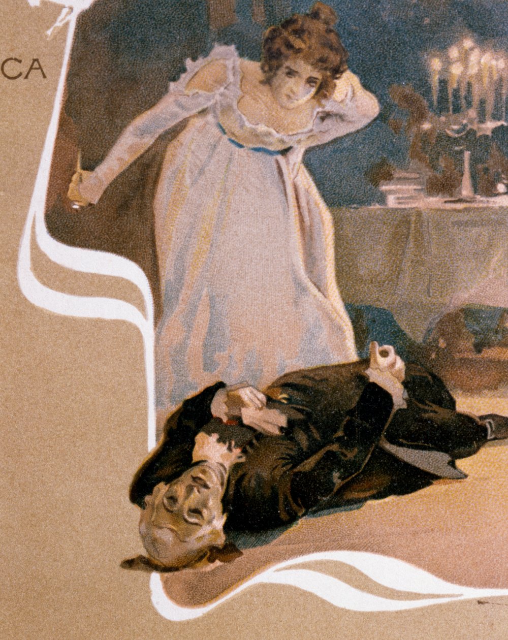 Postkort illustreret af Leopoldo Metlicovitz (1868-1944) med scener fra Tosca, opera af Giacomo Puccini (1858-1924) af Leopoldo Metlicovitz