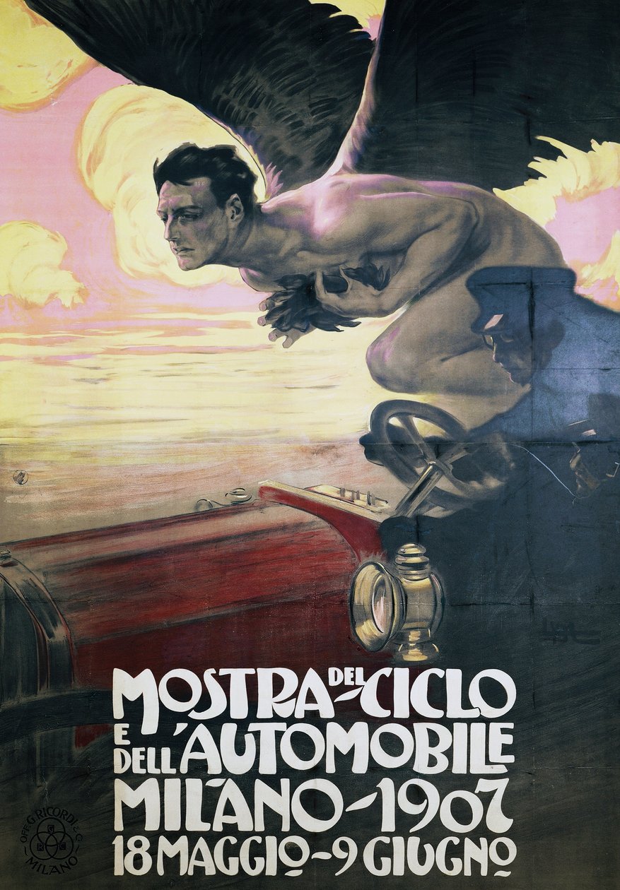 Plakat til Bil- og cykeludstilling, Milano 18. maj-9. juni af Leopoldo Metlicovitz