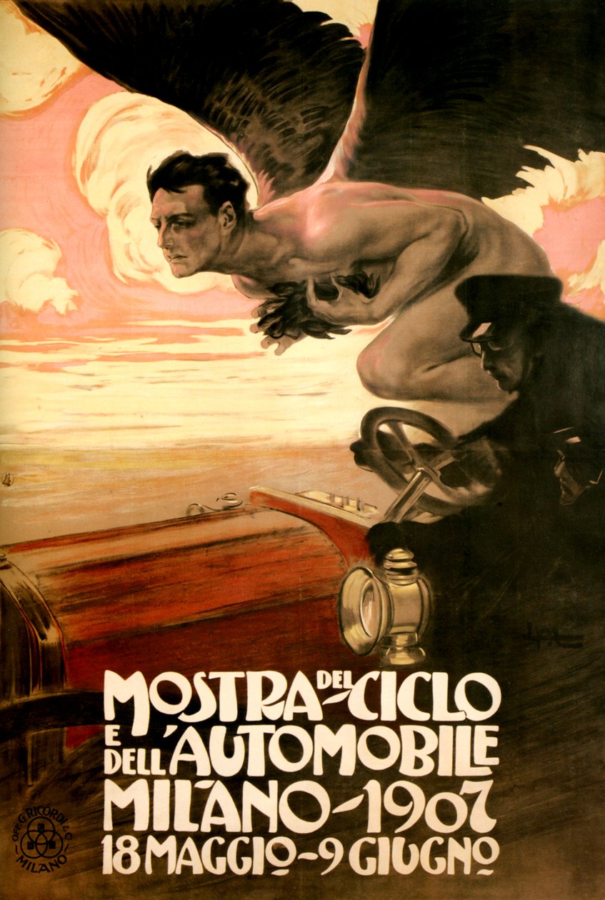Plakat til Bil- og cykeludstillingen, Milano 18. maj-9. juni af Leopoldo Metlicovitz