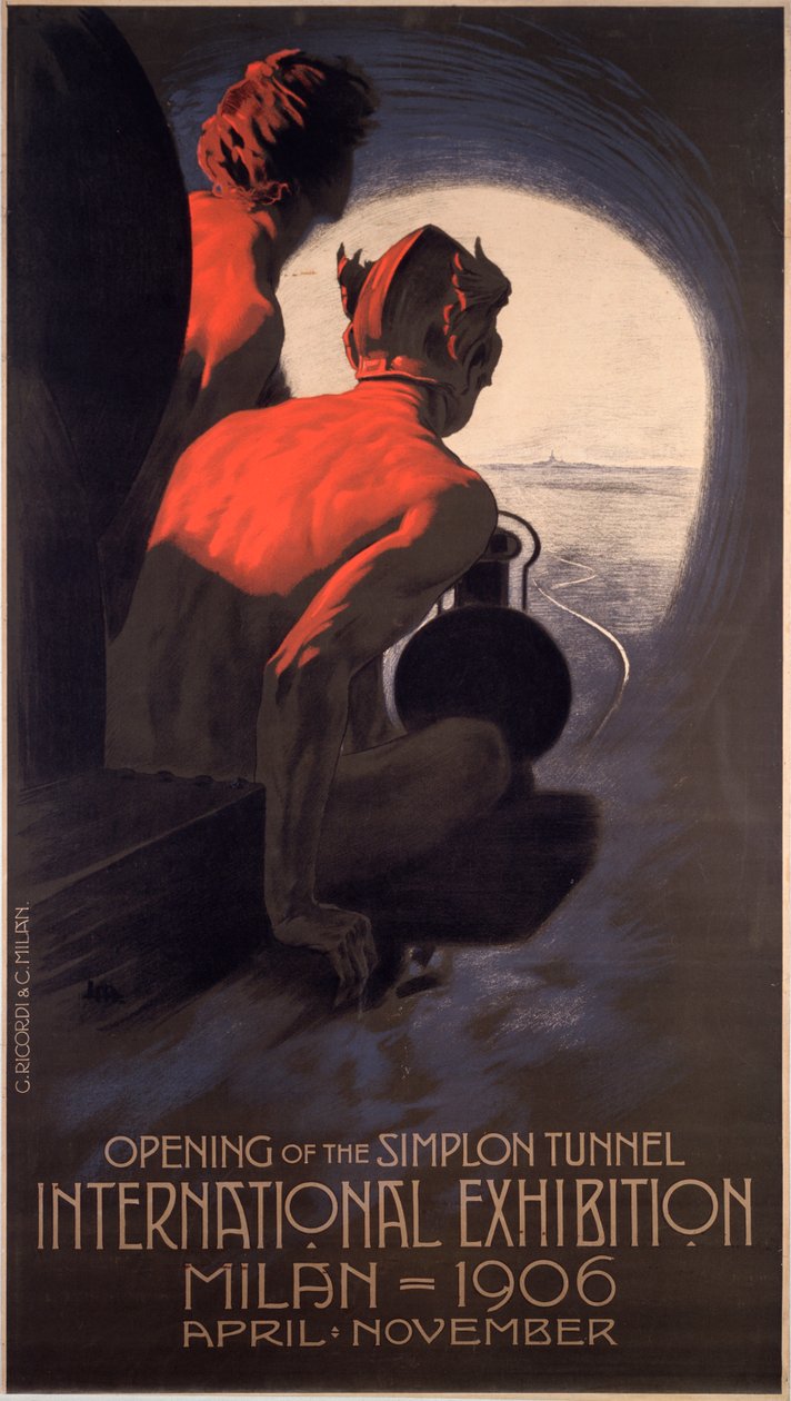Plakat udgivet til The Milan International, en verdensmesse, der markerer åbningen af Simplon-tunnelen af Leopoldo Metlicovitz