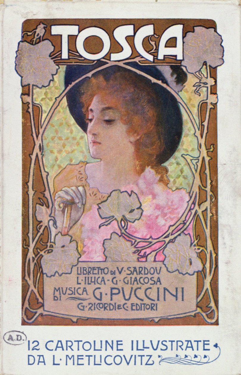 Titelside på partiturark til operaen Tosca af Puccini, ca. 1910 (farve litho) af Leopoldo Metlicovitz