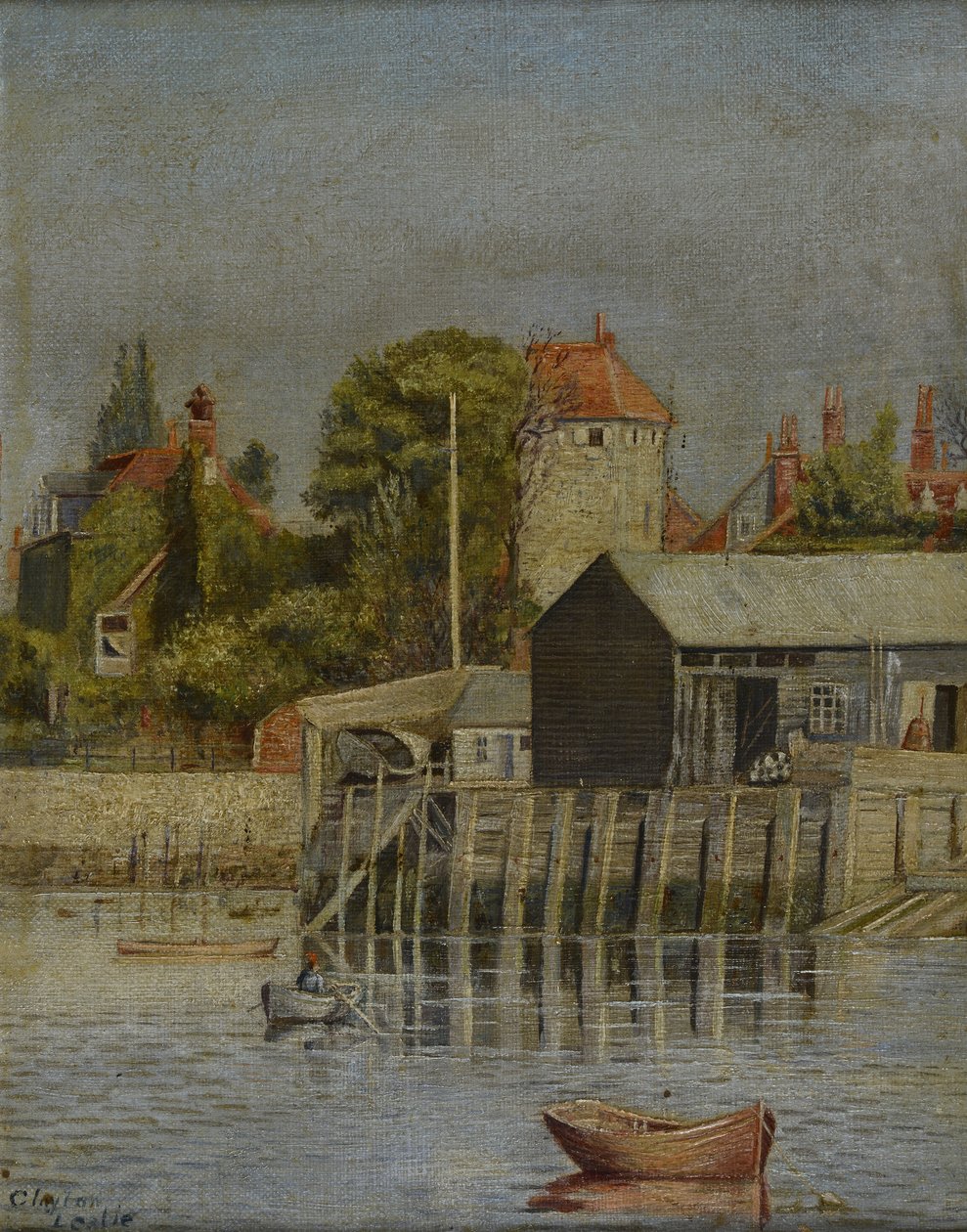 En kanalside med bådeværft, 1884 af Leslie Clayton