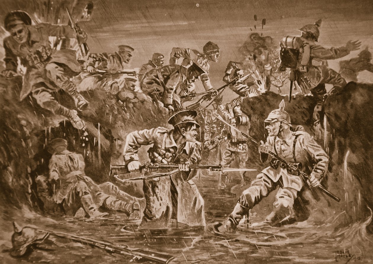 Britiske tropper, under ordre af major Borrett, genindtager en skyttegrav ved Zillebeke, som fjenden har taget fra dem af Leslie Mosley