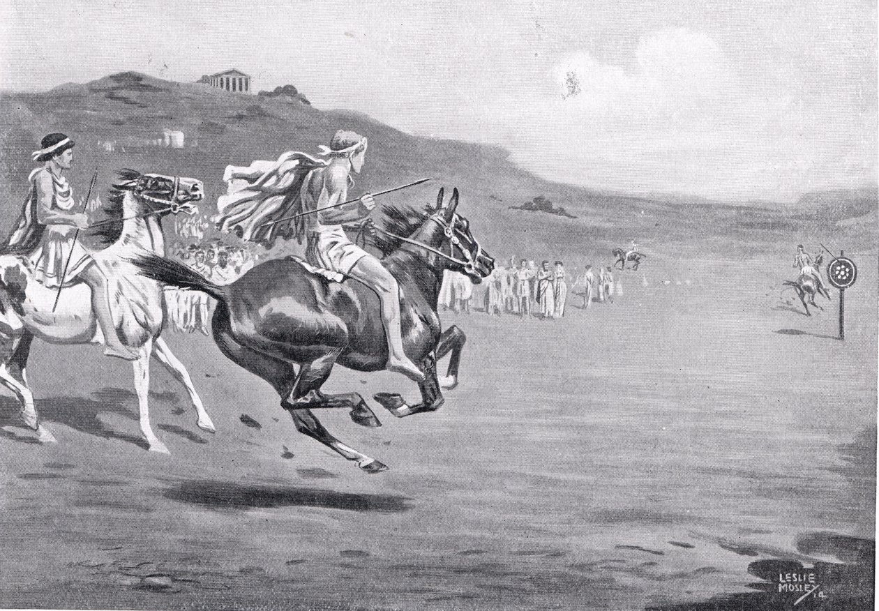 Græske ryttere kaster spyd, illustration fra "Hutchinson