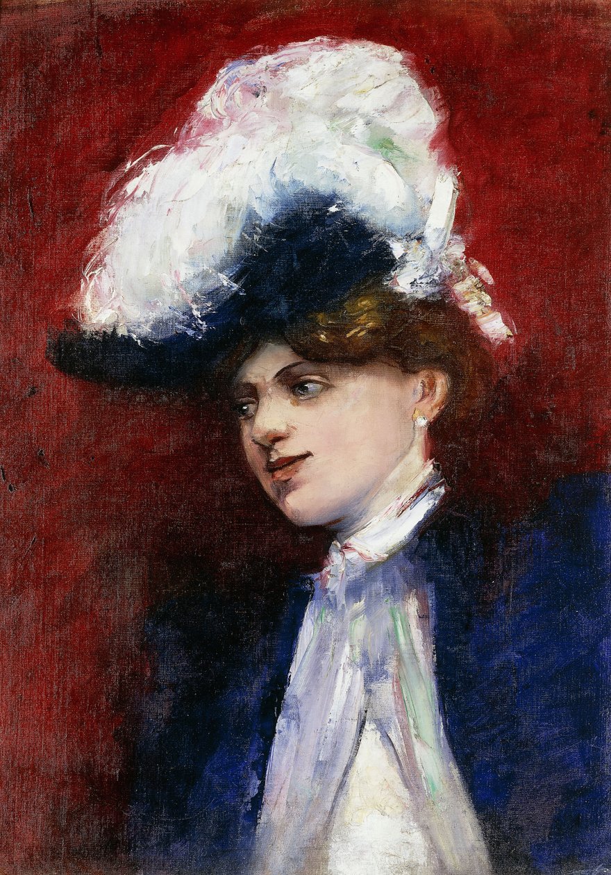 Elegant kvinde med fjerhat; Elegante Dame mit Federhut, ca. 1905 af Lesser Ury