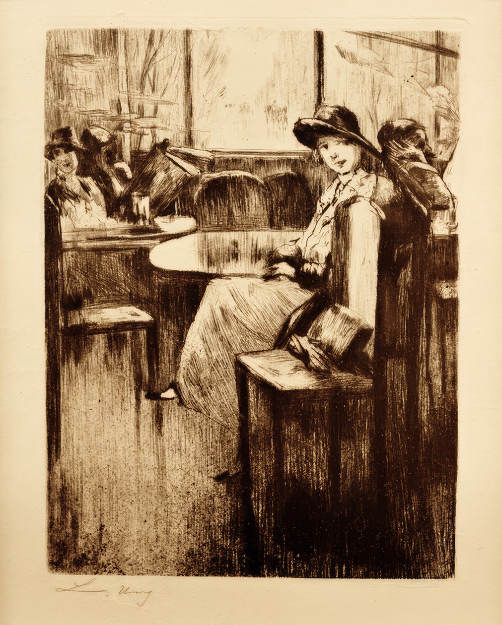 Ung pige i cafe med gadeudsigt af Lesser Ury