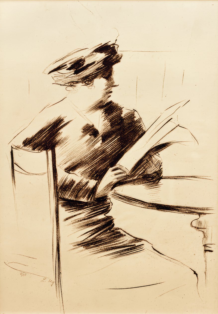 Dame læser i cafeen II af Lesser Ury