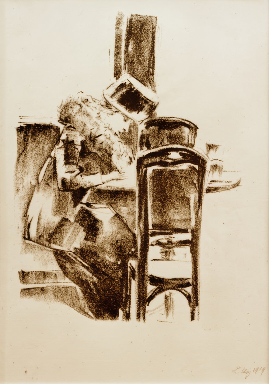 Skrivende dame med hat og boa i cafeen af Lesser Ury