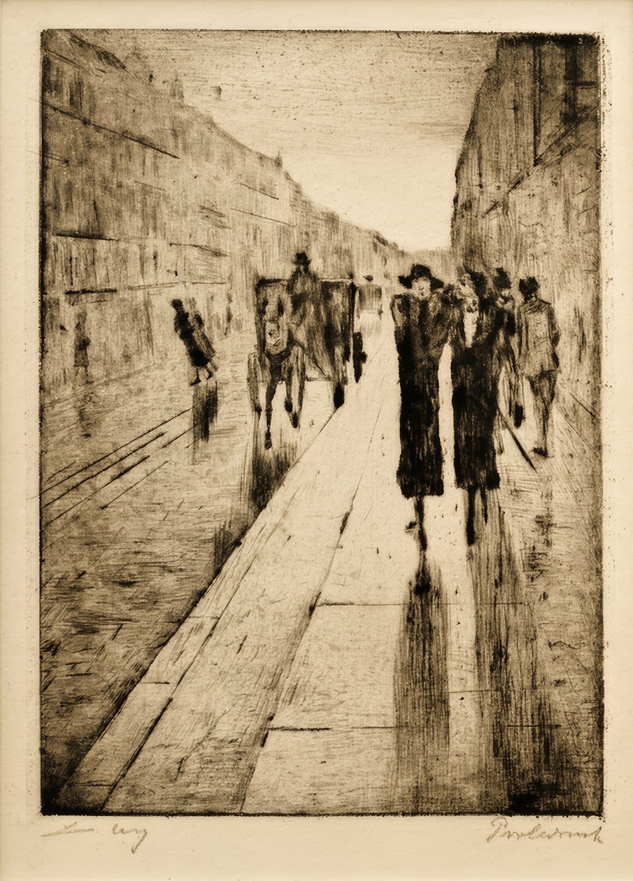 Vandrere i regnen foran hestekabinen af Lesser Ury