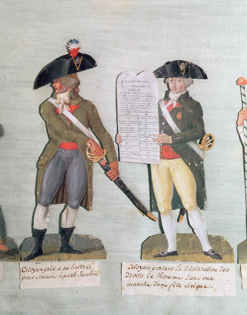En borger klar til at kæmpe og en borger, der bærer erklæringen om menneskets rettigheder (gouache på kort) af Lesueur Brothers