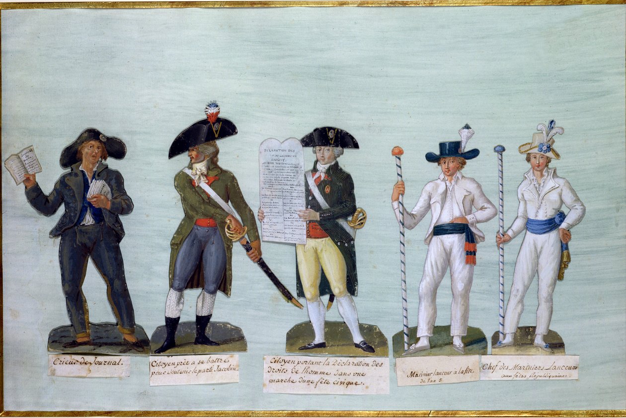 En avissælger, en borger klar til at kæmpe, en borger med erklæringen om menneskets rettigheder og to prammænd (gouache på kort) af Lesueur Brothers