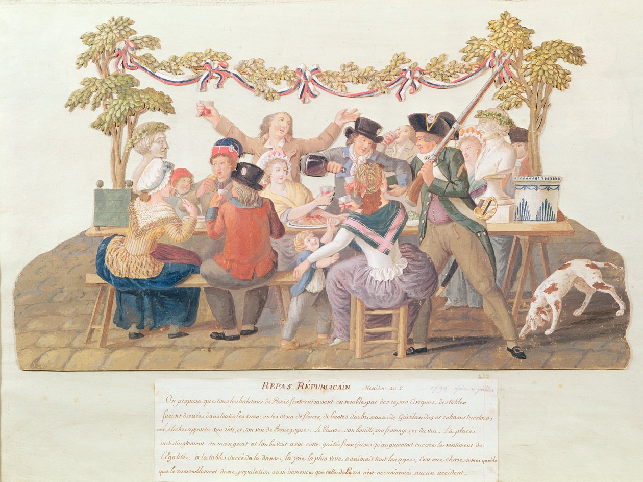A Republican Meal, Messidor, år II (juni-juli 1794) (wc und gouache på kort) af Lesueur Brothers