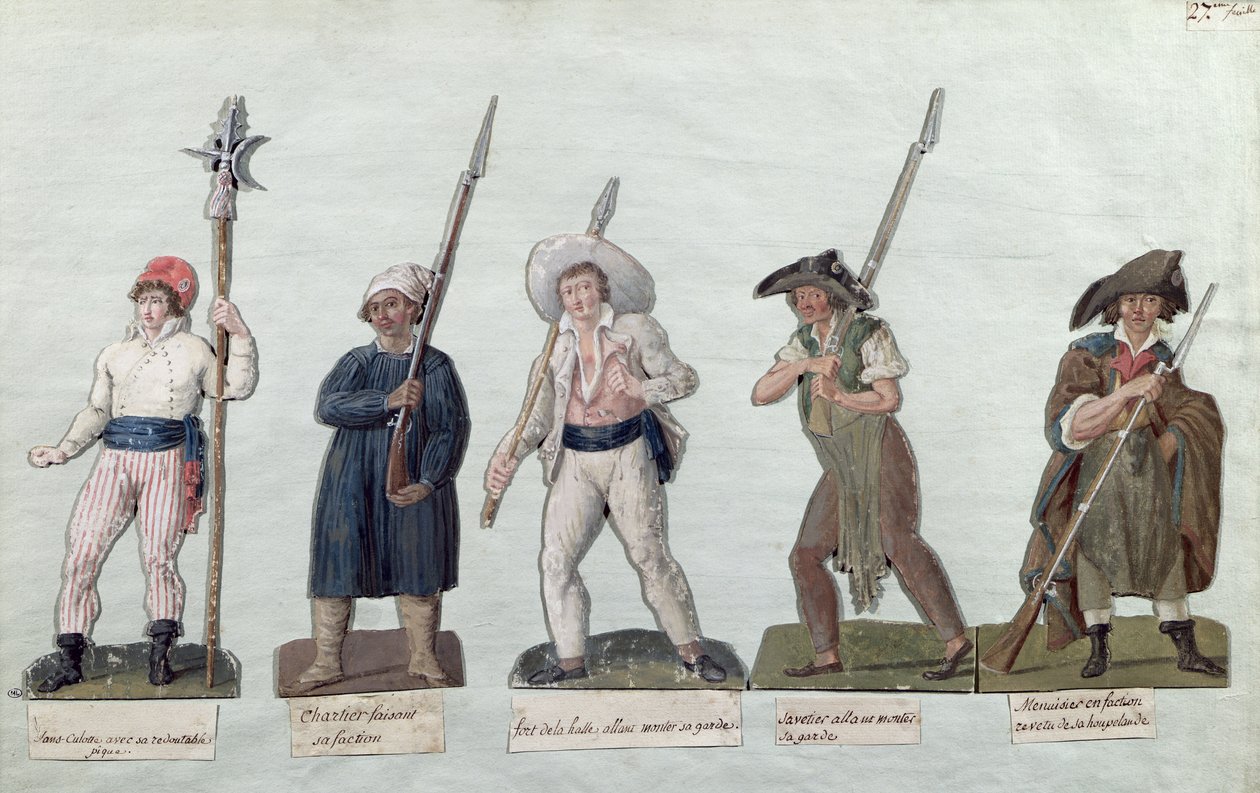 En Sans Culotte med sin gedde, en tømrer, en markedspasser, en skomager og en tømrer (gouache på kort) af Lesueur Brothers