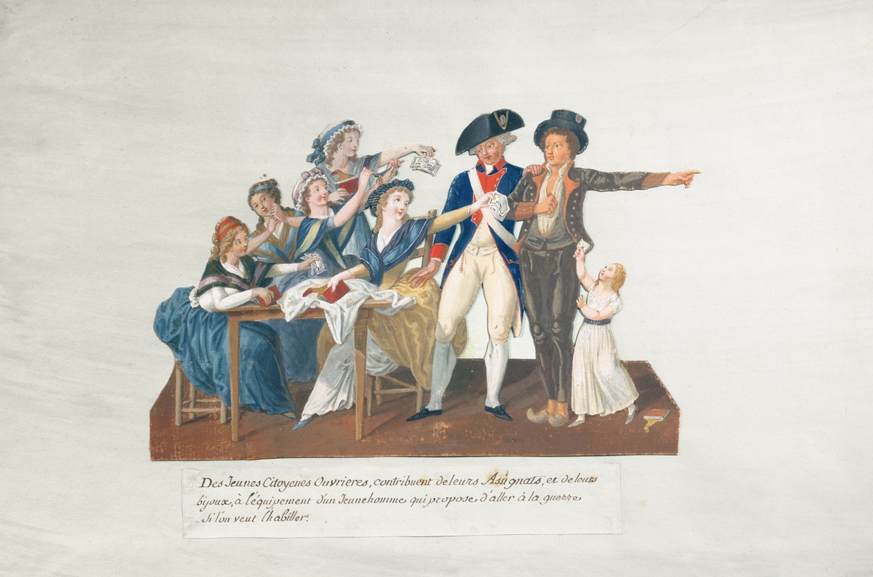Borgere, der bidrager med deres opgaver for at ruste en ung mand til krig (gouache på kort) af Lesueur Brothers