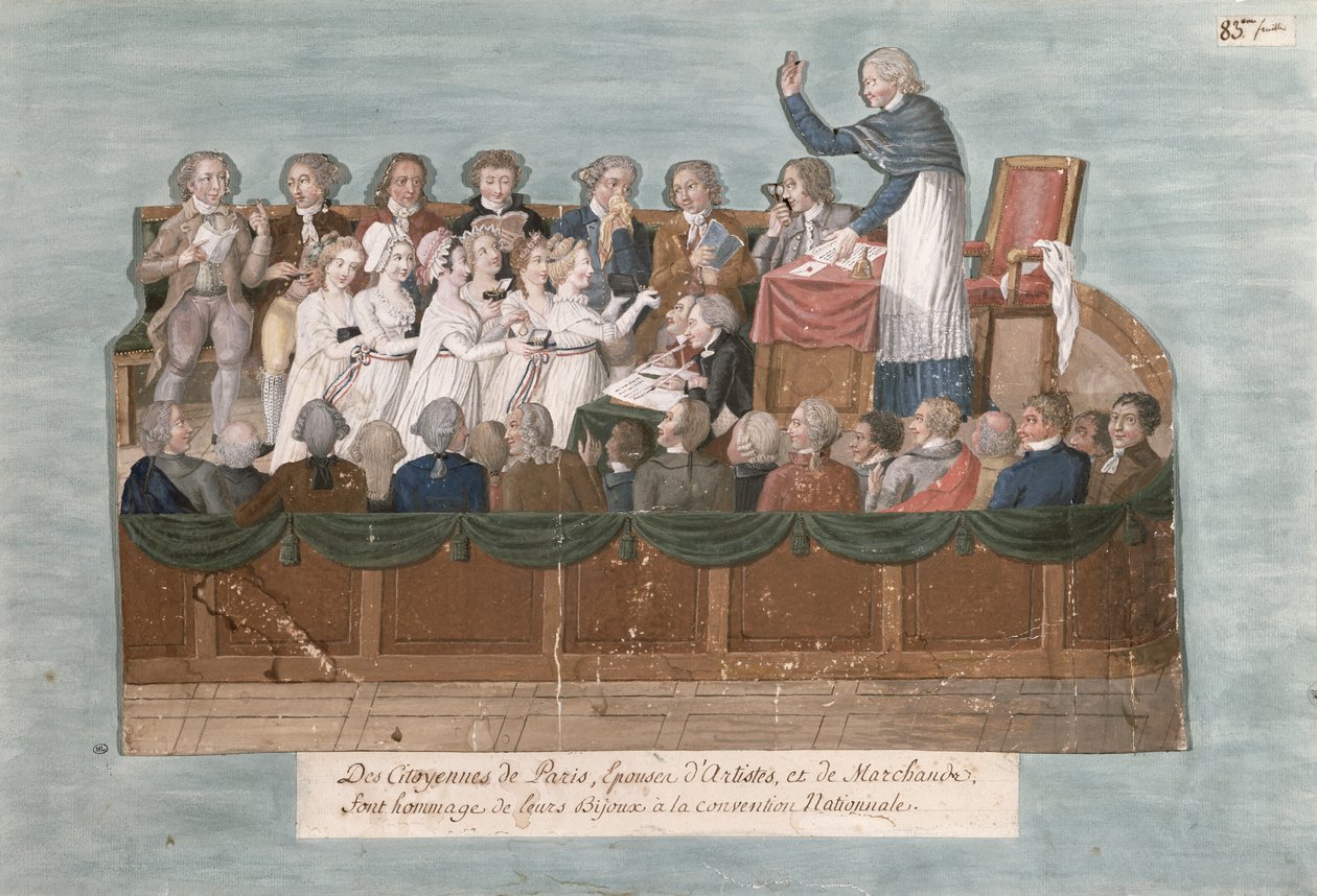 Parisere tilbyder deres smykker til konventet, ca. 1792 (gouache på kort) af Lesueur Brothers