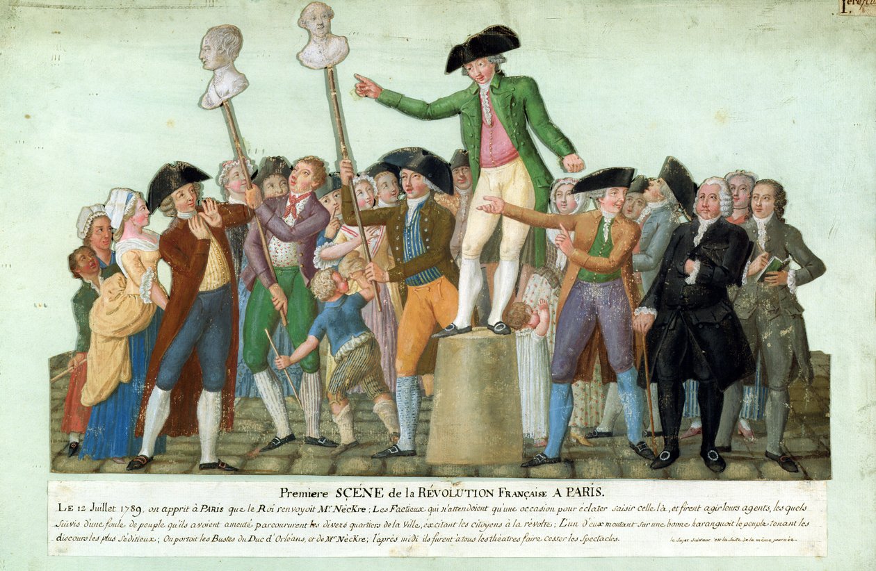 Begyndelsen af den franske revolution, 12. juli 1789, Paris (gouache på kort) af Lesueur Brothers