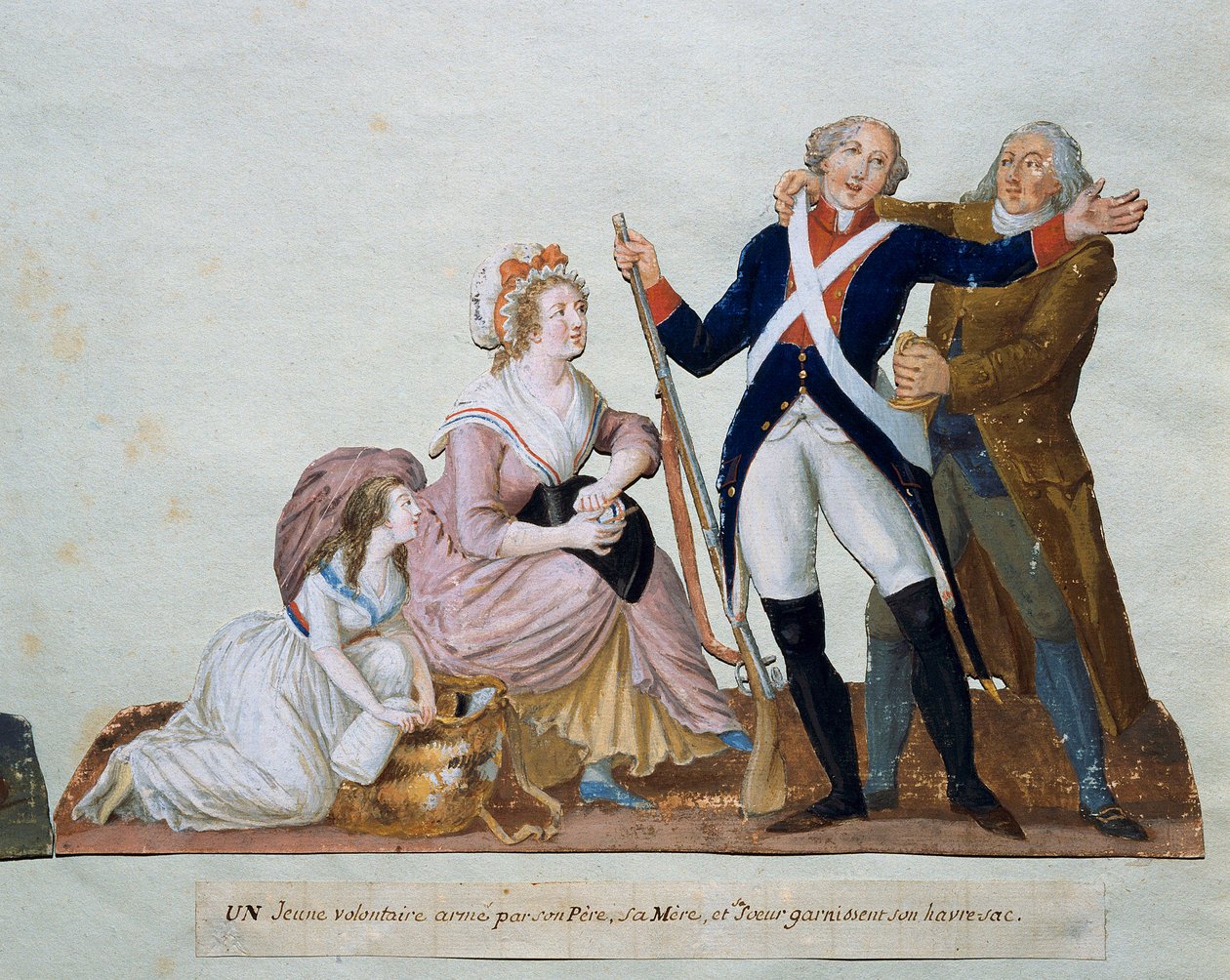 En frivillig, der rejser til hæren, omgiver sin far, mor og søster Gouache af brødrene Lesueur (1700-tallet) fra det 18. århundrede. Paris. Carnavalet Museum af Lesueur Brothers