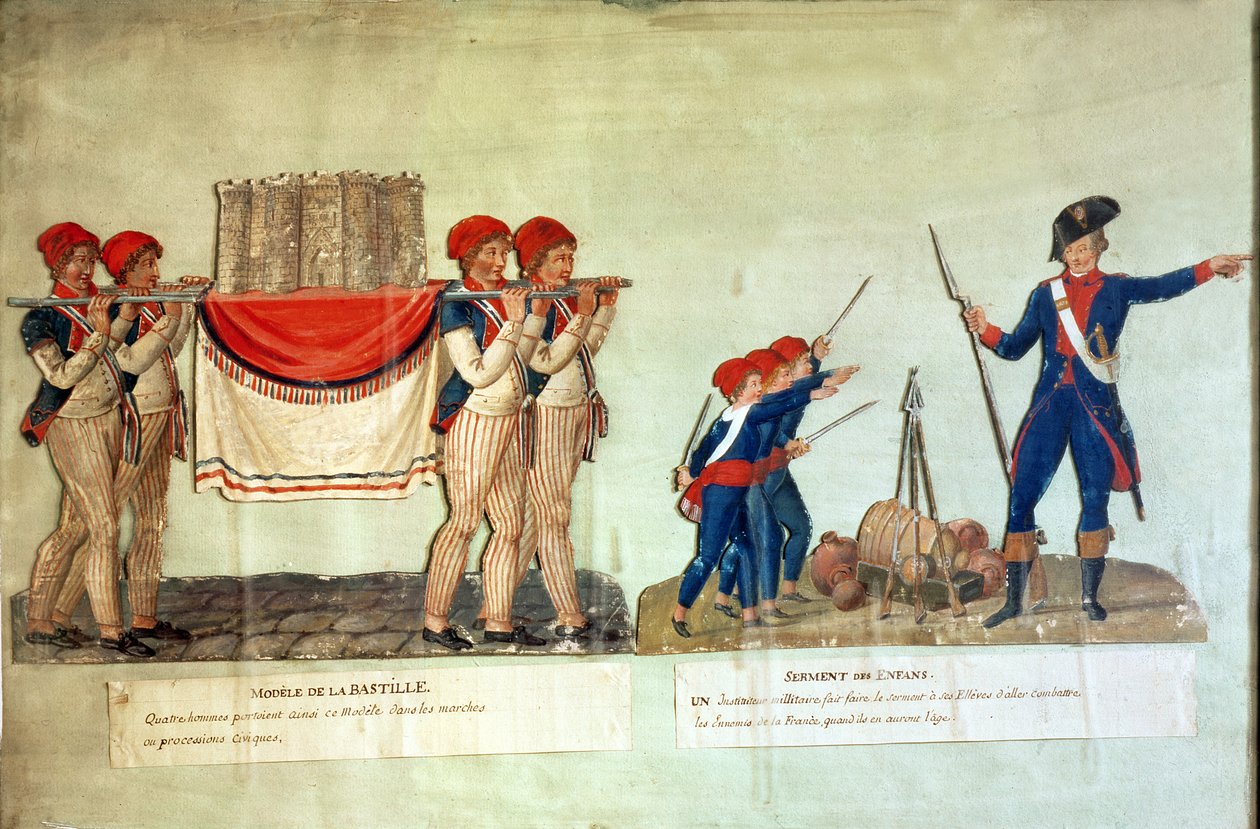 Bæring af modellen af Bastillen og soldat, der holder foredrag for børnene, ca. 1790 (gouache på papir) af Lesueur Brothers