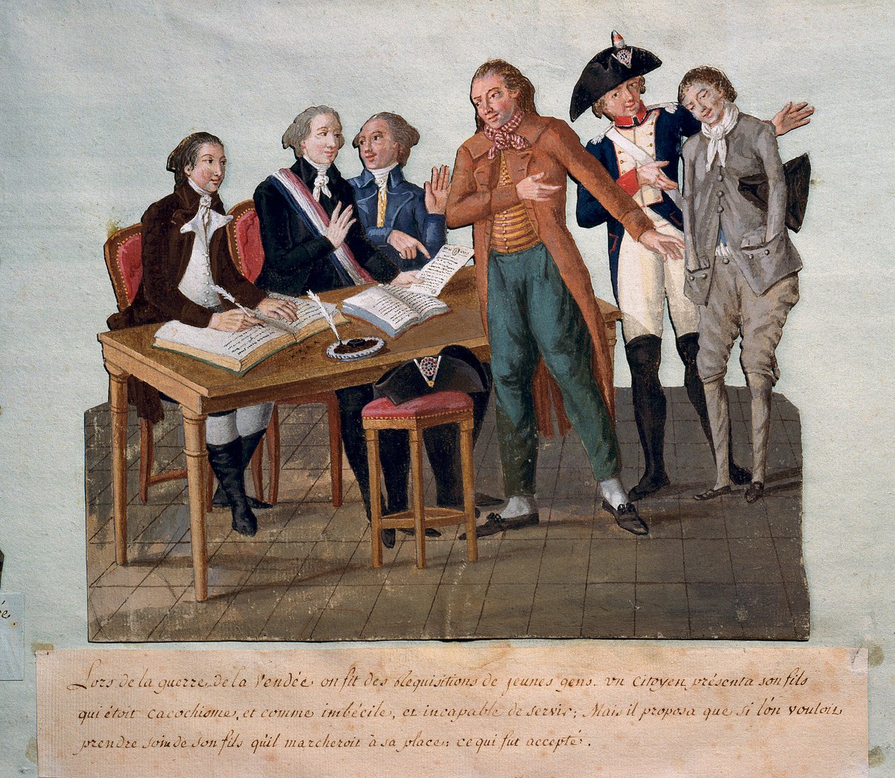 Krævende unge mænd til Vendee-krigen (en far viser sin søn ude af stand til at tjene og tager hans plads). Stik af brødrene Lesueur (1700-tallet). Paris, Musée Carnavalet af Lesueur Brothers