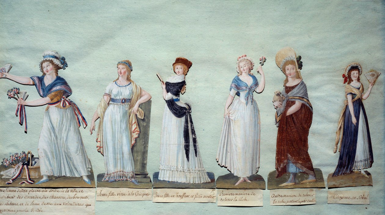 Forskellige unge kvinder repræsenterer feminin mode under revolutionen. Gouache des freres Lesueur (1700-tallet) Paris, Musee Carnavalet af Lesueur Brothers