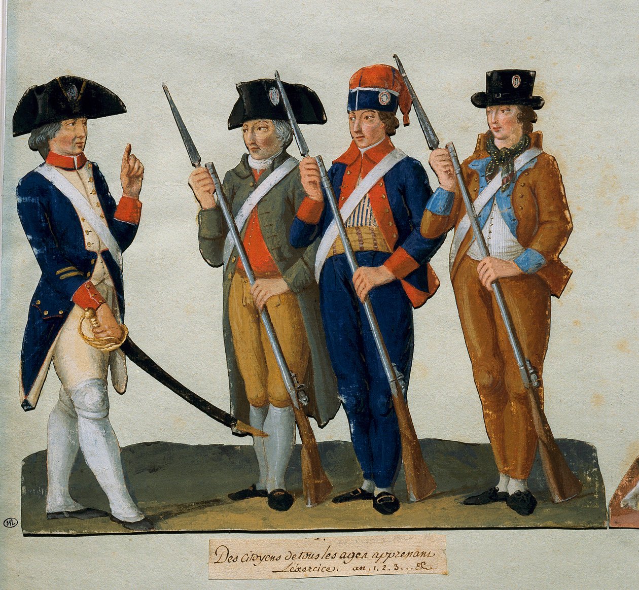 Fransk revolution: "Borgere, der træner" Gouache af Lesueur-brødrene (1700-tallet) Paris. Karnevalsmuseet af Lesueur Brothers