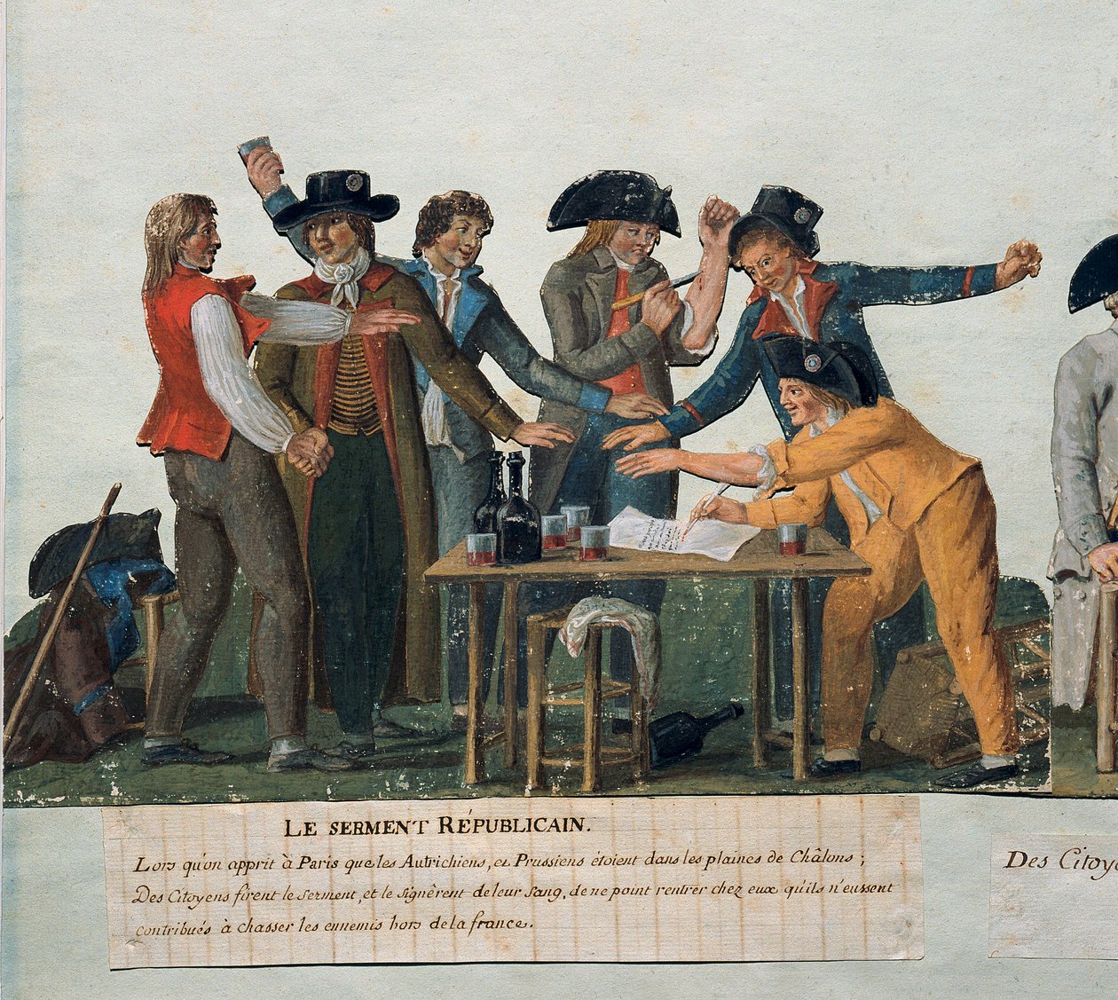Fransk revolution: "" Den republikanske ed: borgerne aflægger en ed af deres blod om ikke at vende hjem, før de har drevet østrigerne og preusserne ud af Frankrig." Gouache des freres Lesueur (1700-tallet). 1700-tallet. Paris. Carnavalet Museum af Lesueur Brothers