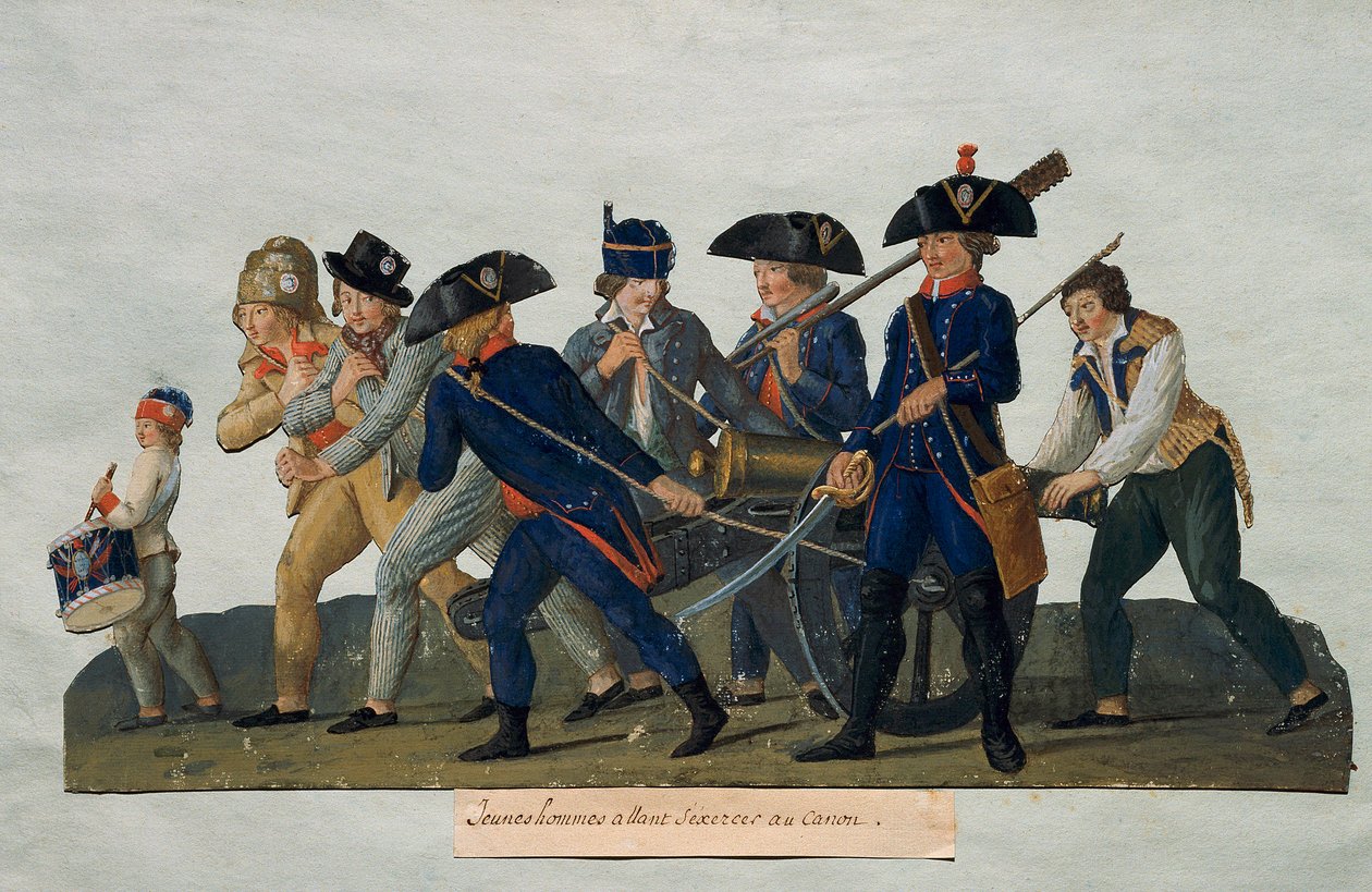 Fransk revolution: "" Unge mænd skal øve sig med kanonen""" Indgravering af brødrene Lesueur (1700-tallet). Paris, Musée Carnavalet af Lesueur Brothers