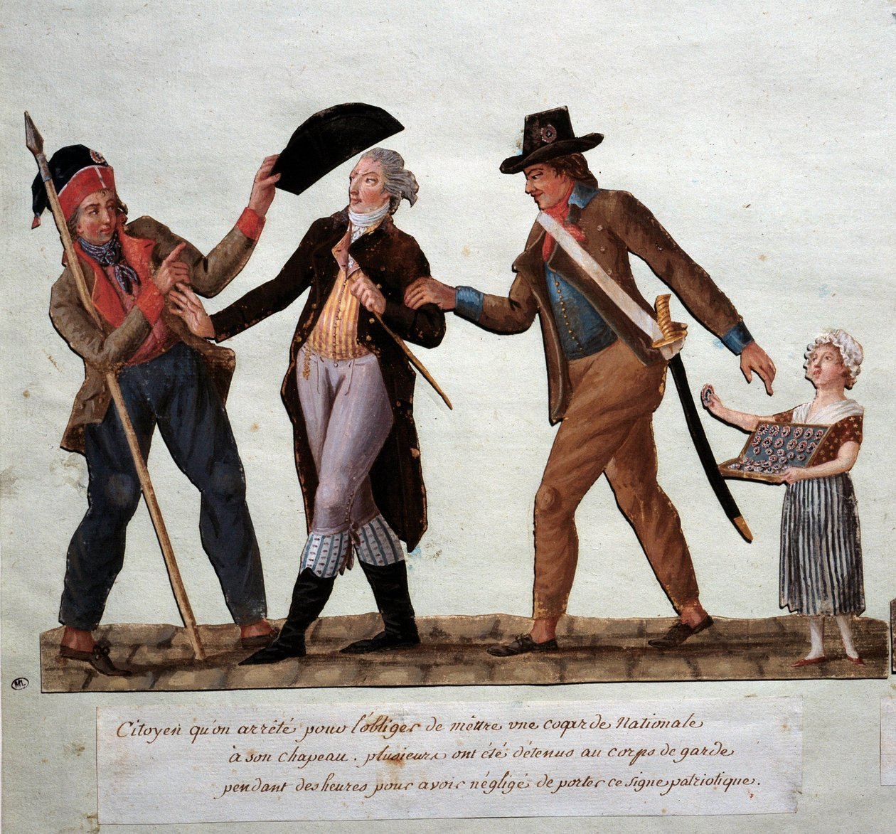 Fransk revolution: "" borger arrete for at tvinge ham til at sætte en national cockard på sin hat"" Gouache des freres Lesueur (1700-tallet) Musee Carnavalet, Paris af Lesueur Brothers