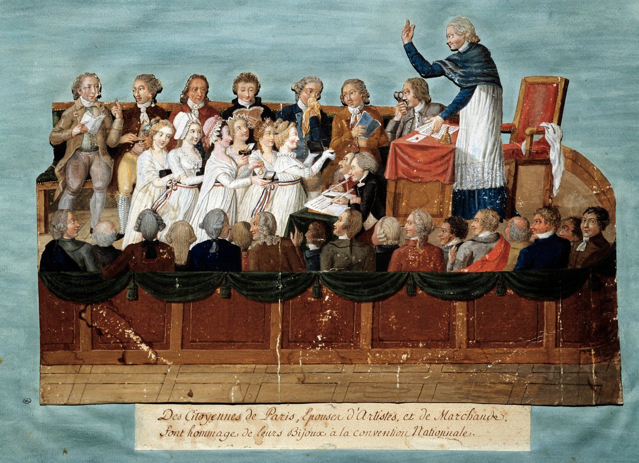 Franske revolution: "" borgere i Paris, der tilbyder deres smykker til nationalkonventet"" Illustration des Freres Lesueur (1700-tallet). 1792-1795. Paris, musee Carnavalet - Engelsk revolution - Borgerne i Paris donerer deres smykker til Nati af Lesueur Brothers