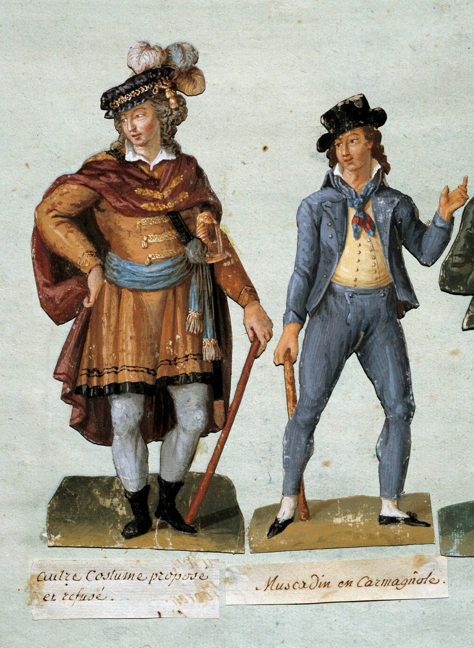 Franske revolution: kostumer af fantasifulde royalistiske dandies (muscadin) nægter. Gouache af brødrene Lesueur (1700-tallet) Carnavalet Museum af Lesueur Brothers