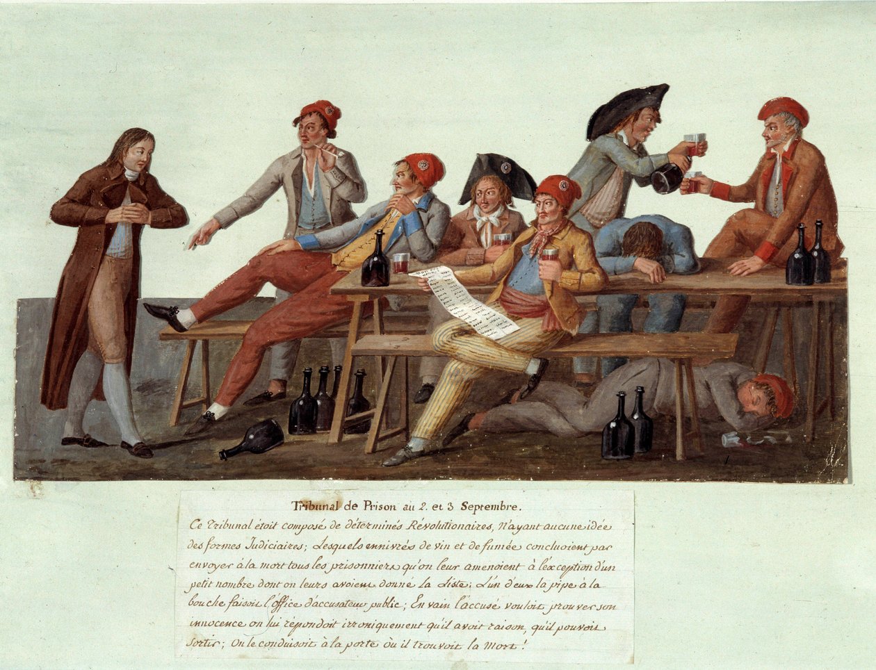 Fransk Revolution af 1789: "" En fængselsdomstol den 2. og 3. september"" Satirisk fremstilling af en revolutionær domstol, medlemmerne har ingen jurisdiktion i retfærdighedssager og dømme sager ved at drikke vin og ryge. Gouache des freres Lesueur af Lesueur Brothers