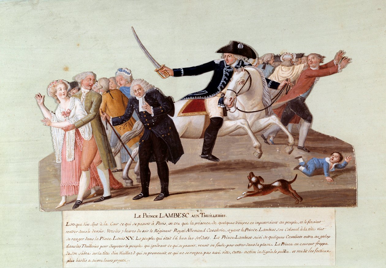 Fransk revolution i 1789: Prins af Lambesc ved Tuilerierne den 12. juli forsøgte at undertrykke de revolutionæres første demonstrationer. Gouache des freres Lesueur (1700-tallet) af Lesueur Brothers