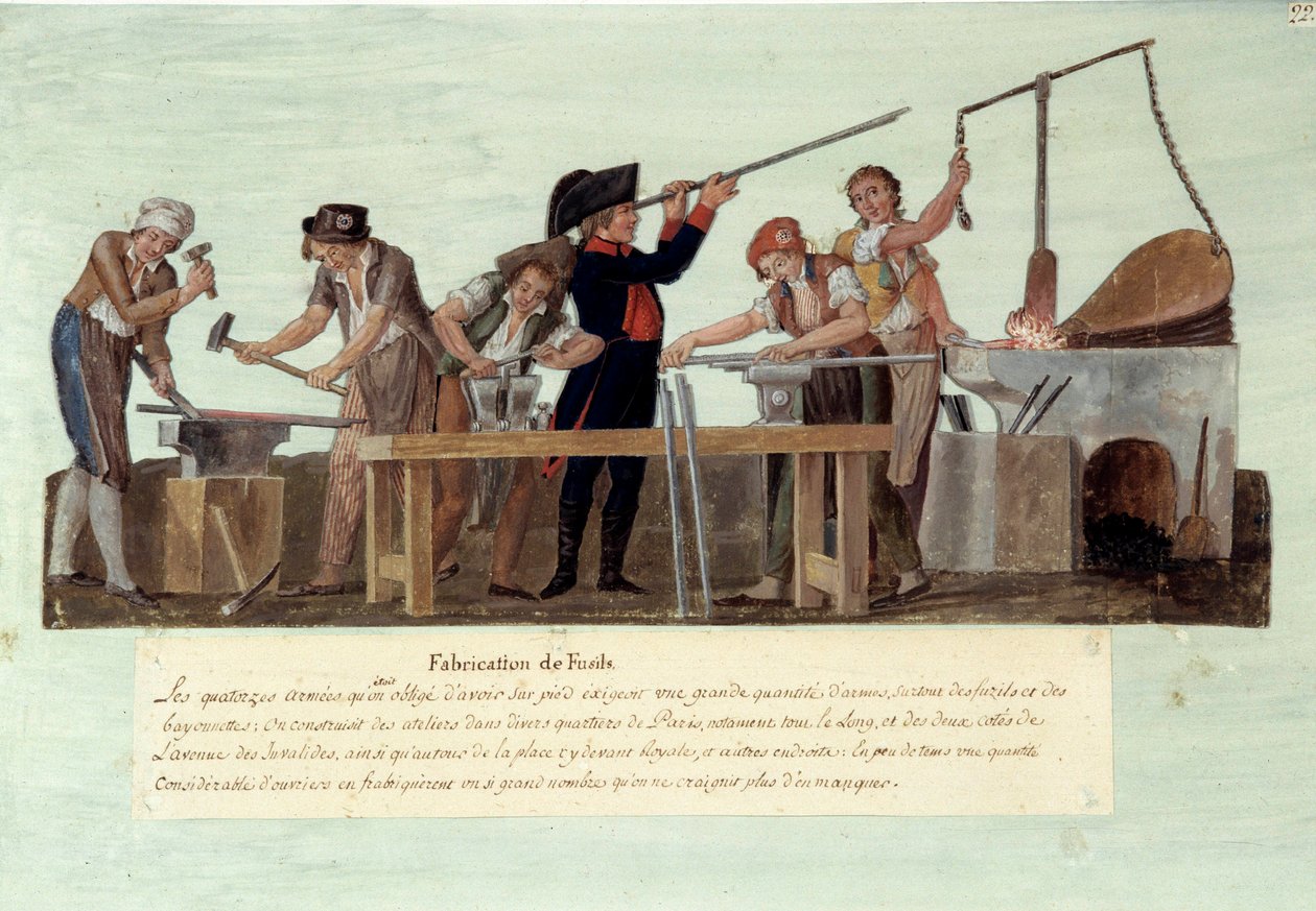 Fransk revolution i 1789: "" fremstilling af rifler"" De forskellige stadier af smedes fremstilling af våben. Gouache des freres Lesueur af Lesueur Brothers