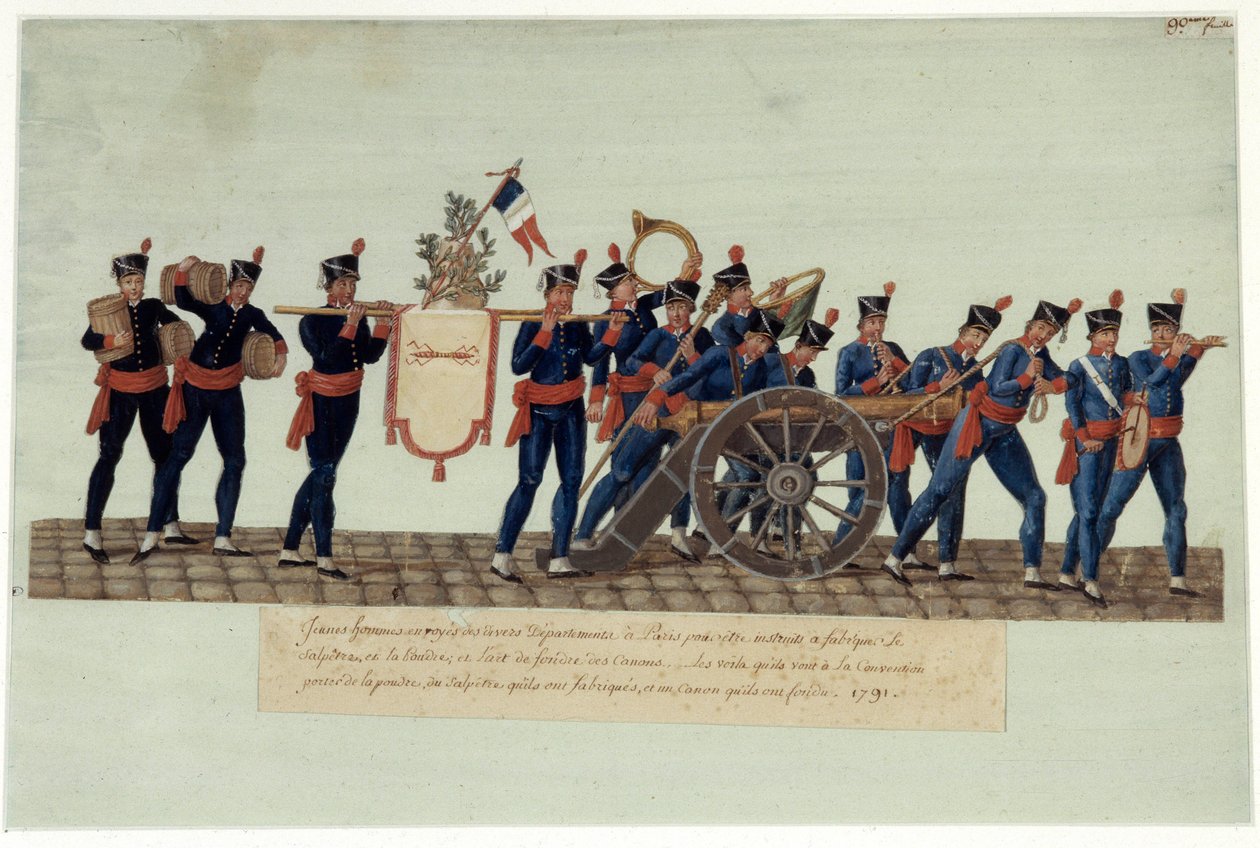 Den franske revolution i 1789: "" af unge mænd, der bar til konventet, krudt, salpeter, de lavede og en kanon, de smeltede." Gouache des freres Lesueur (1700-tallet) af Lesueur Brothers