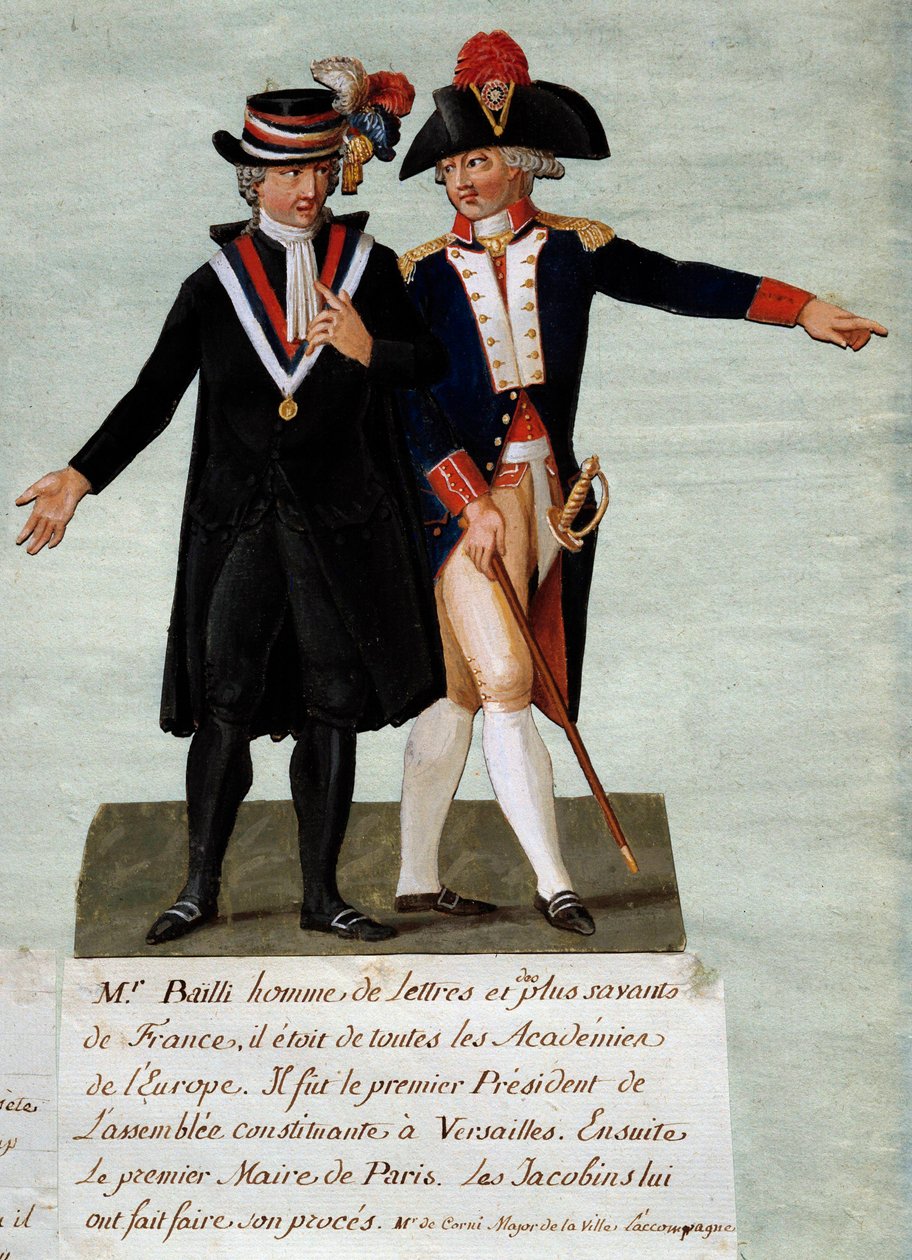 Den franske revolution: repræsentation af Jean Sylvain Bailly (1736-1793), præsident for den konstituerende forsamling i Versailles og derefter borgmester i byen Paris, han beordrede at skyde rytterne med det formål at droppe kongen den 17/07/1791 på Champ af Lesueur Brothers