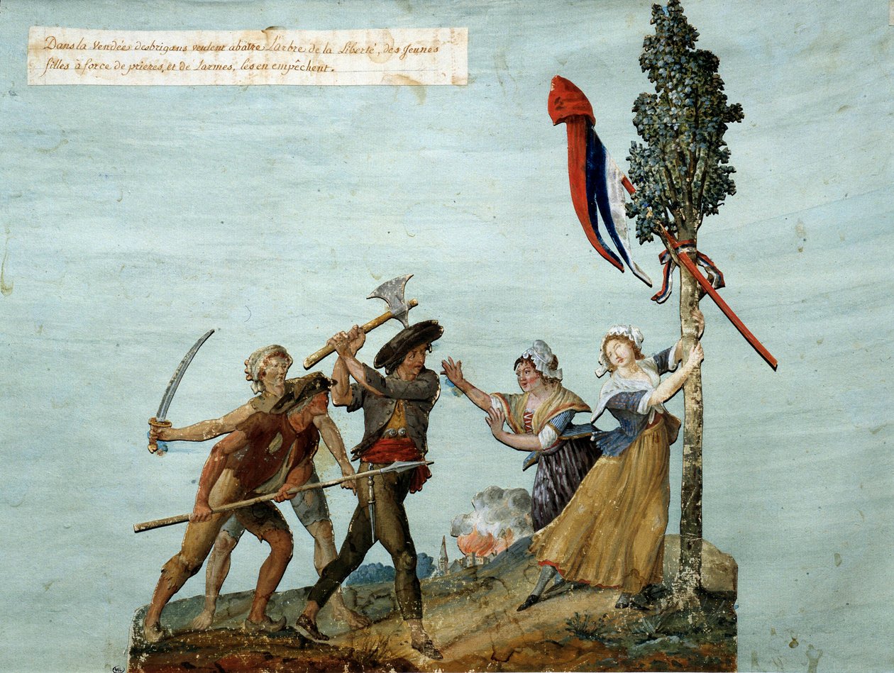Fransk revolution: "" røvere søger at skyde Libertes træ ned, unge piger i tårer forhindrer dem i at gøre det." Dette er en episode af Vendee-krigene, der oplevede adskillige kontrarevolutionære omvæltninger i 1793. Gouache fra Lesueur-brødrene. 1793. Mus af Lesueur Brothers