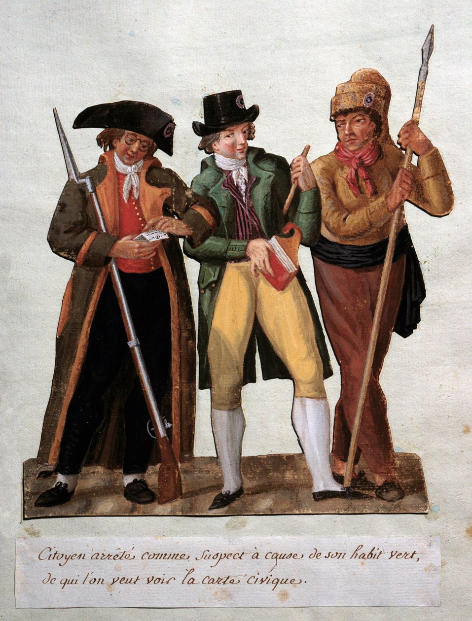 Den franske revolutions "mistænkte borger arresteret på grund af sin grønne vane"" Gouache des freres Lesueur (1700-tallet). Musée Carnavalet, Paris af Lesueur Brothers