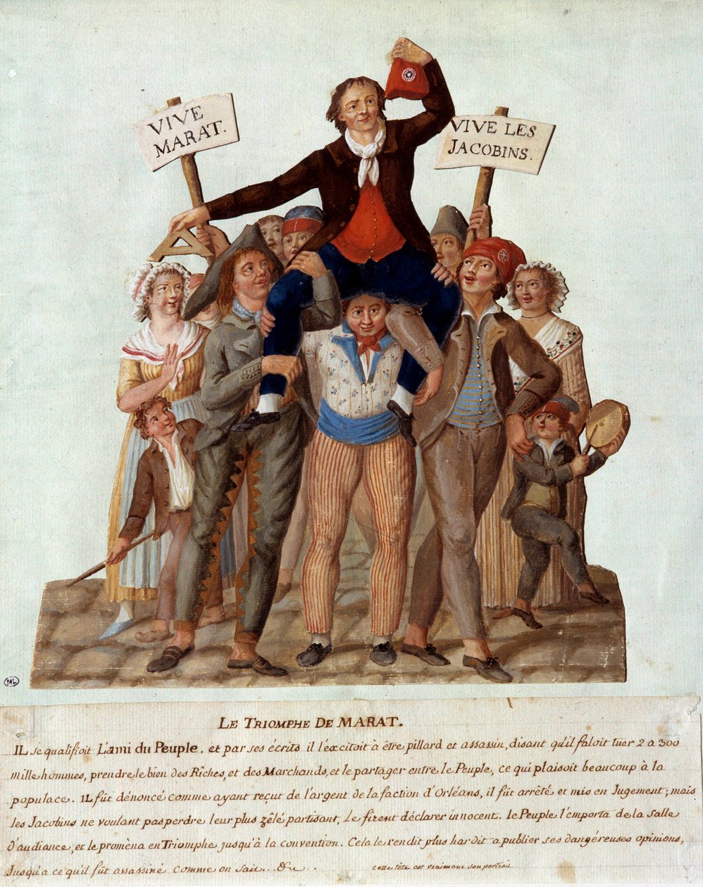 Den franske revolution: "" Marats triumf"" Jean-Paul (Jean Paul) Marat (1743-1793), deputeret i Paris ved Nationalkonventet, bærer i triumf af folket for deres voldelige positioner mod de rige til fordel for mennesker. Gouache des freres Lesue af Lesueur Brothers