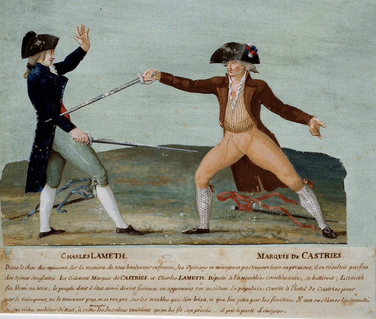 Fransk revolution: duel mellem Charles Lameth (1757-1832), deputeret ved den konstituerende forsamling, og markisen de Castries (1756-1842), deputeret for adelen den 12. november 1790. Sidstnævnte sårer Lameth, og jakobinernes skare rasede hans hotel . Gou af Lesueur Brothers