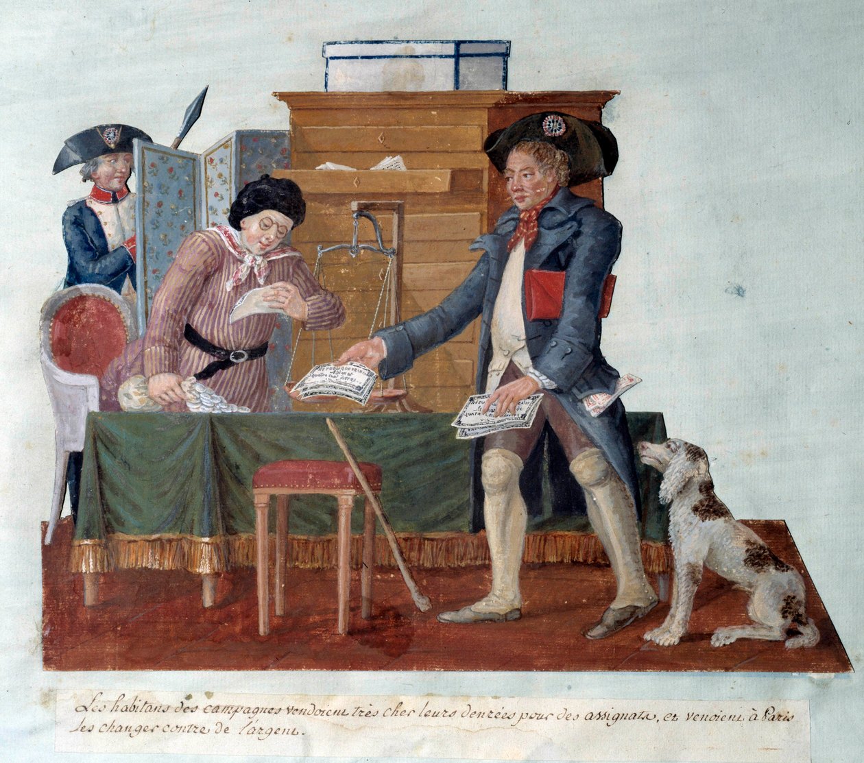Fransk revolution: indbyggerne på landet solgte deres mad for tildelte, som de så kom for at veksle til penge i Paris. Gouache des Freres Lesueur (1700-tallet) af Lesueur Brothers