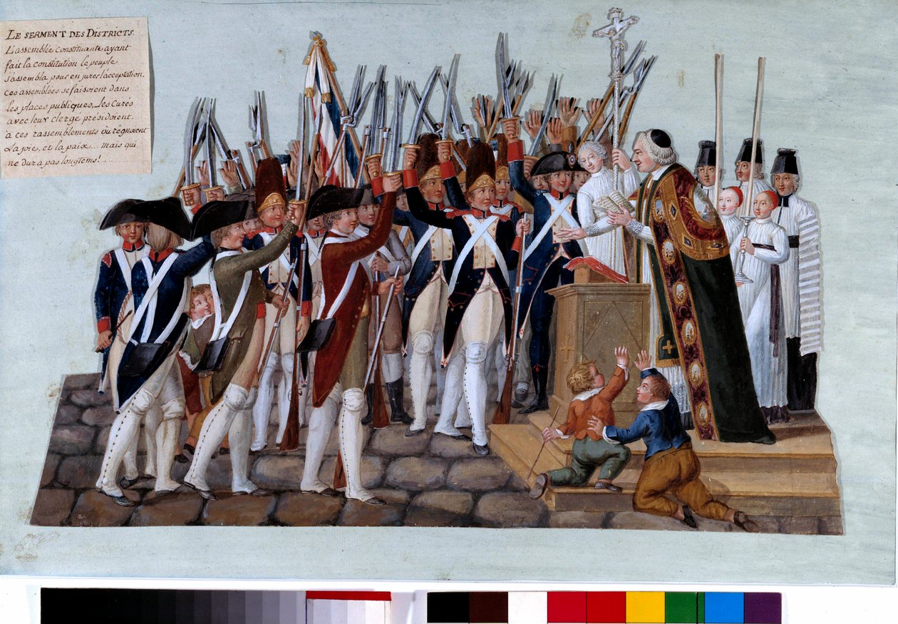 Fransk revolution: distrikternes ed. Efter forfatningens forkyndelse samledes folket på de offentlige pladser, kurerne forestod stævnerne. Gouache des freres Lesueur (1700-tallet). 1789. Paris, Musee Carnavalet af Lesueur Brothers