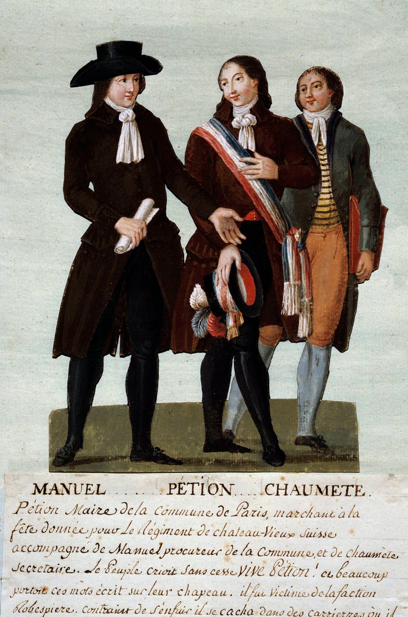 Fransk revolution: de revolutionære Jerome Petion (1756-1794), Jacques Antoine (Jacques-Antoine) Manuel (1775-1827) og Pierre-Gaspard (Pierre Gaspard) Chaumette dit Anaxagoras (1763-1794), talsmand for de uhæmmede. Gouache af Lesueur-brødrene (18 af Lesueur Brothers