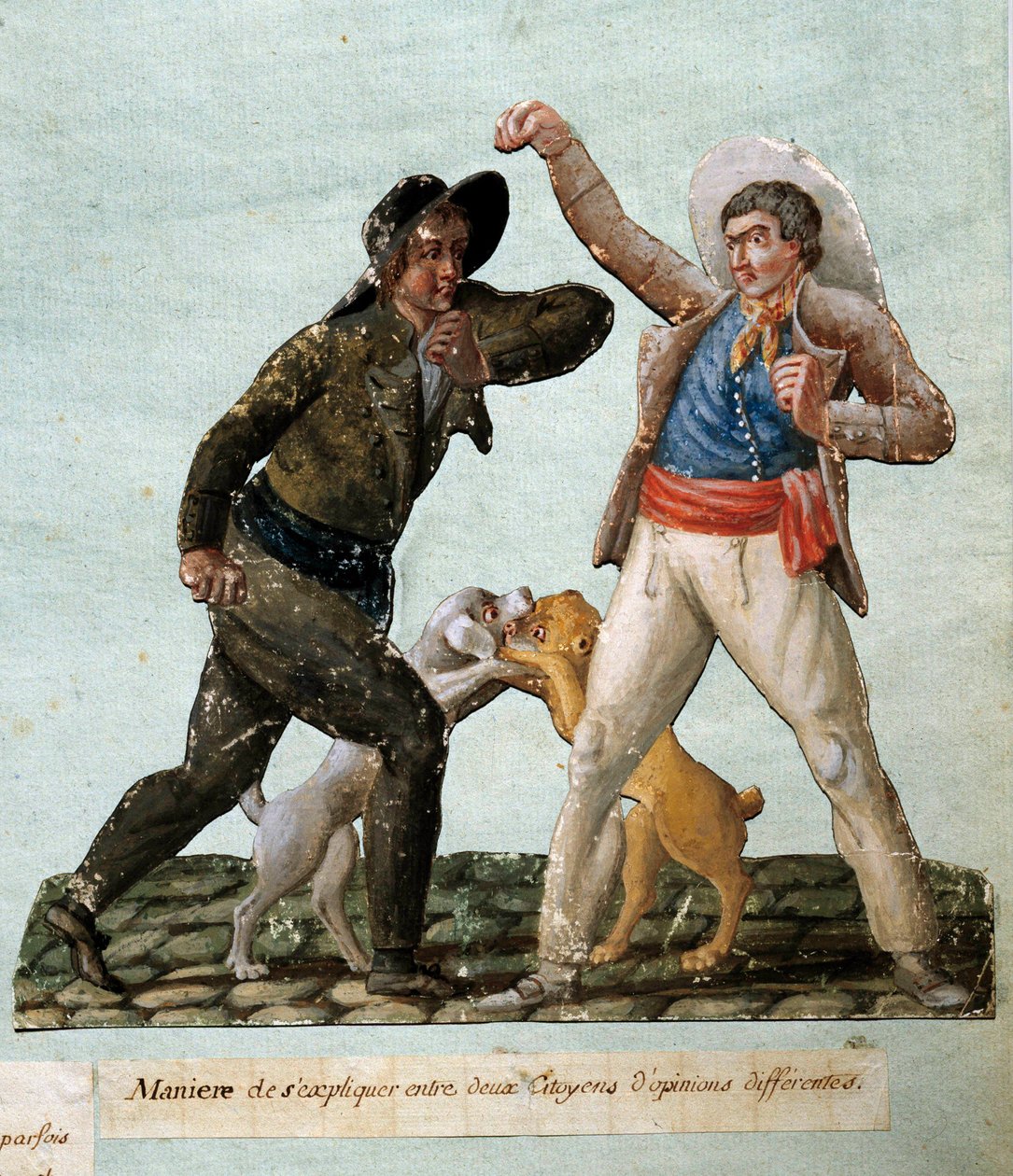 Fransk revolution: to borgere kæmper. Gouache des freres Lesueur (1700-tallet) af Lesueur Brothers