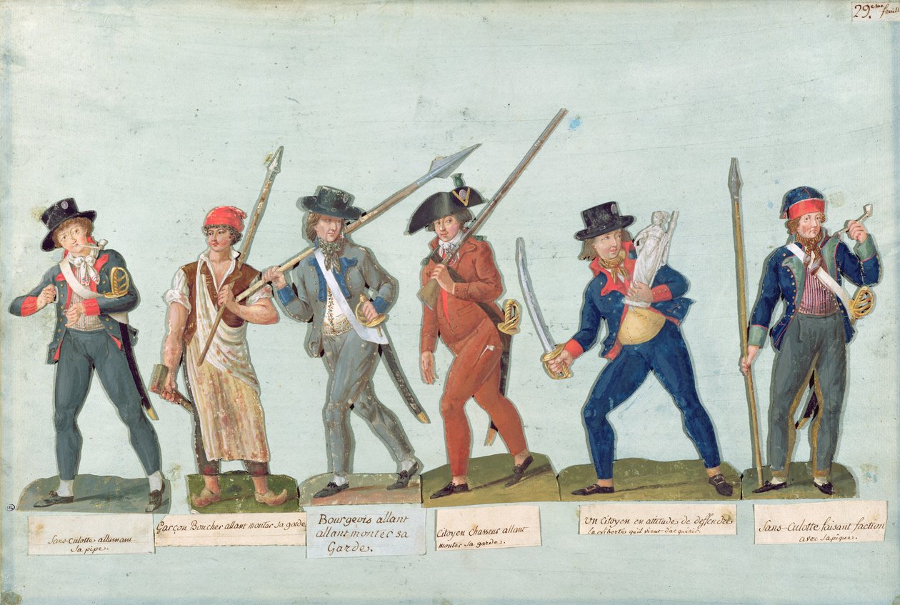 Sans Culotte tænder sin pibe, ung slagter, borgerlig går på vagt, jæger, borger forsvarer sin frihed, Sans Culotte holder vagt af Lesueur Brothers