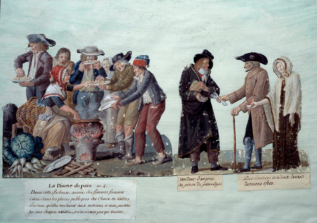 Scener under den franske revolution: "" brødmangel, pengesælger og annuitter, der sælger deres effekter"". Gouache af brødrene Lesueur, ca. 1789. Musee Carnavalet, Paris af Lesueur Brothers