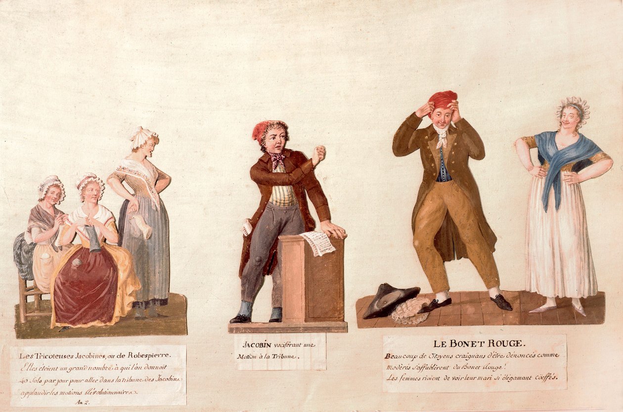 The Jacobin Knitters, a Jacobin and the Red Bonnet (gouache på papir) af Lesueur Brothers